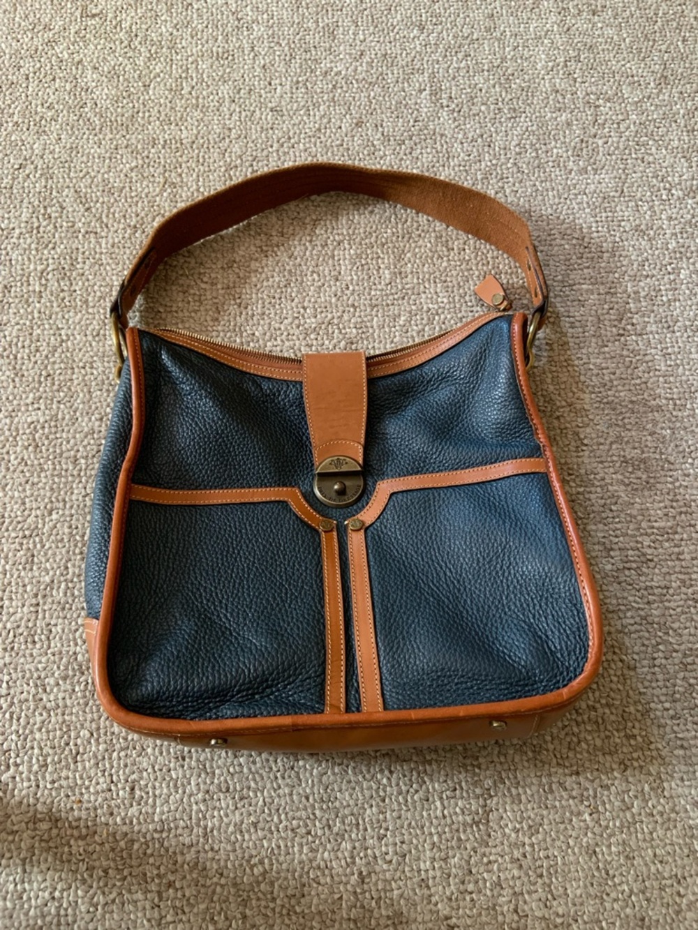 Prix De Dressage shoulder bag navy blue & tan pebble leather vintage equestrian